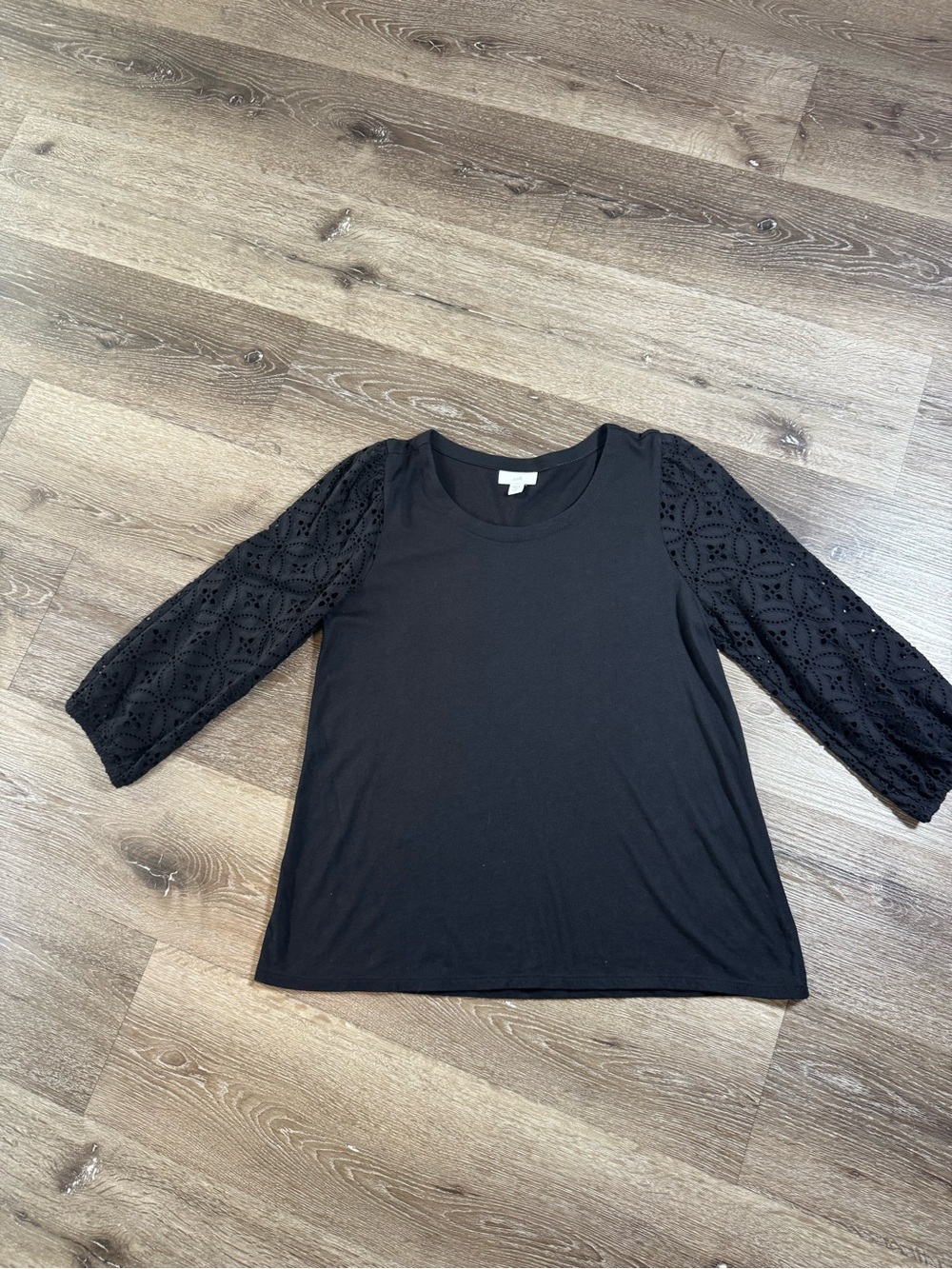 J. Jill Black Knit Top with Crochet Lace Sleeves (219)